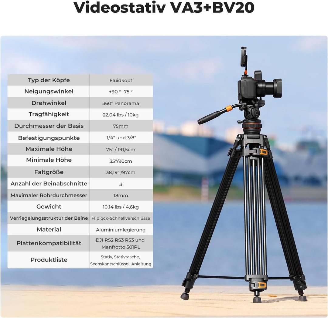 Video stativ, K&F Concept VA3+BV20 Kamera Stativ,Videostativ mit 360°Fluidkopf,191cm Video Tripod, K