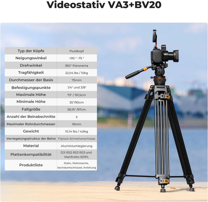 Video stativ, K&F Concept VA3+BV20 Kamera Stativ,Videostativ mit 360°Fluidkopf,191cm Video Tripod, K