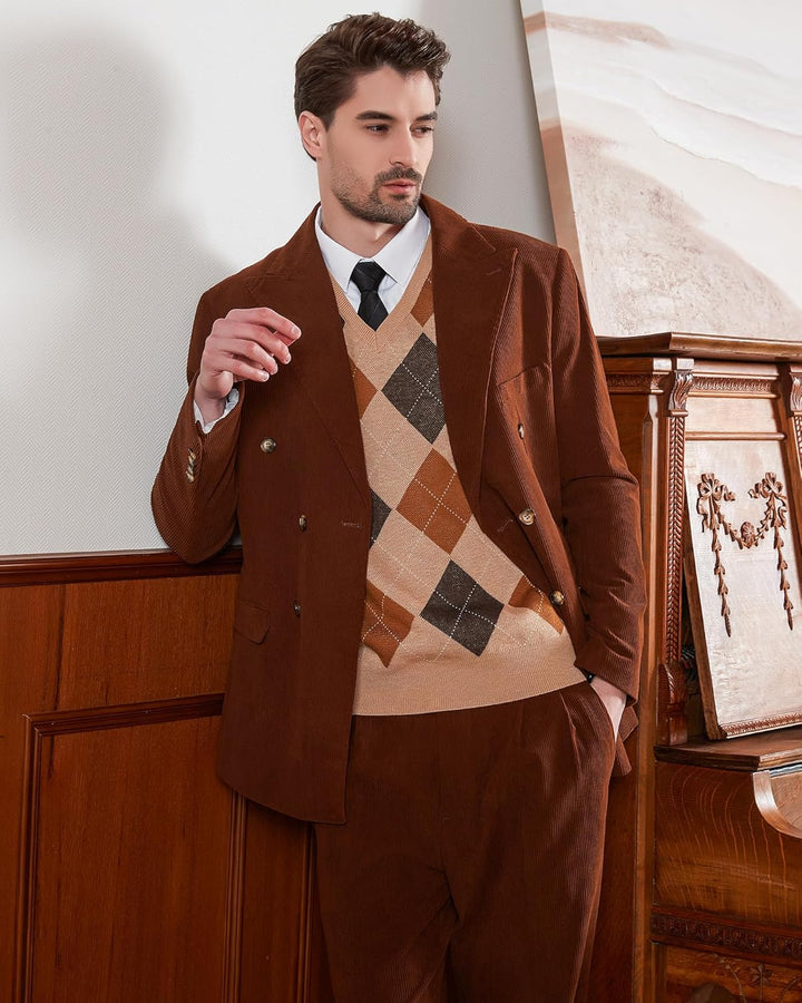 Kallspin Herren Argyle Gestrickt Ärmellos Pullover Wollmischung V-Ausschnitt Strickwesten 3XL Khaki,