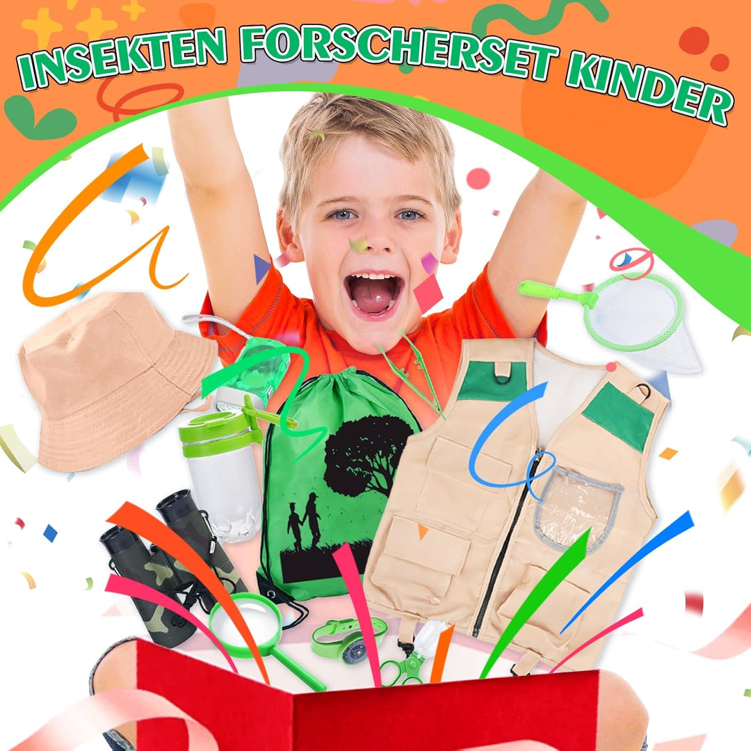 Forscherset für Kinder, 11Pcs Safari Kostüm mit Entdeckerhut Weste Fernglas Kinder Schmetterlingsnet