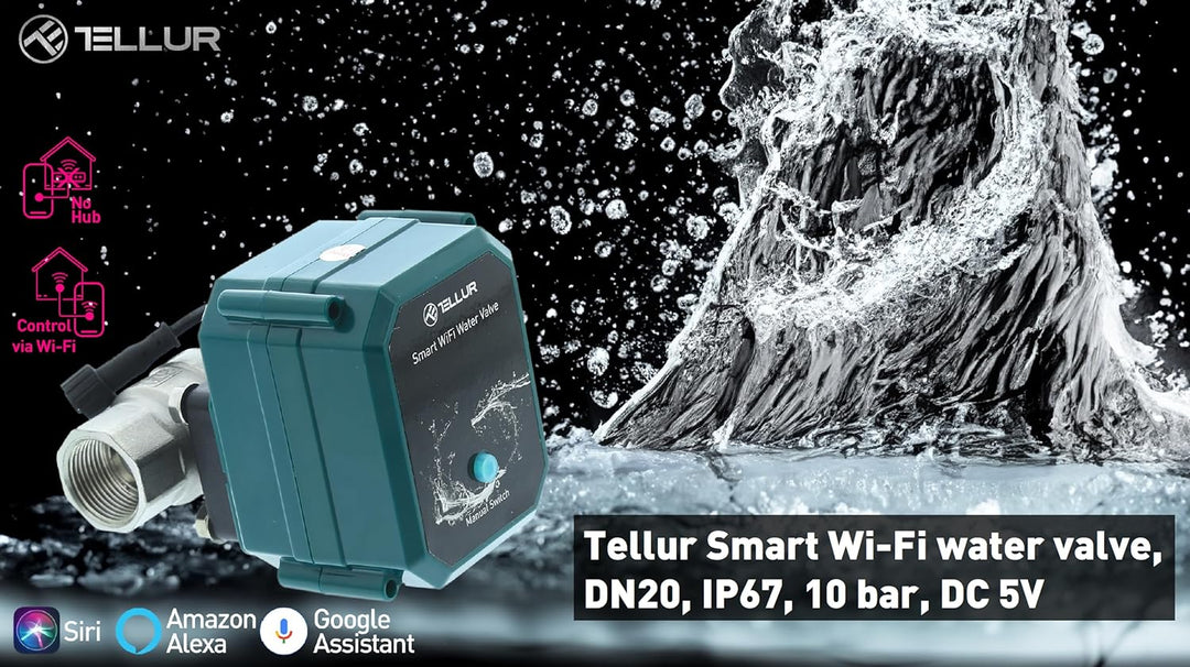 TELLUR SMART Wlan Wasserelektroventil, Sicherheitsmagnetventil, Telefon-App, Sprachsteuerung mit Ale