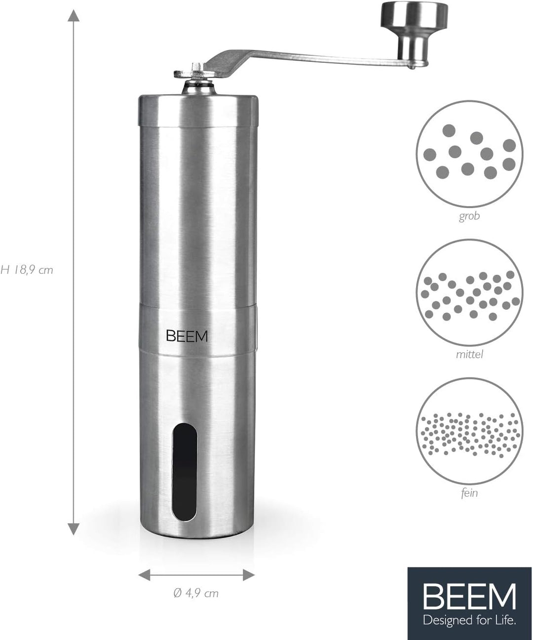 BEEM GRIND-2-GO Manuelle Kaffeemühle – 40 g | Kegelmahlwerk | Mahlgrad-Einstellung stufenlos | Baumw
