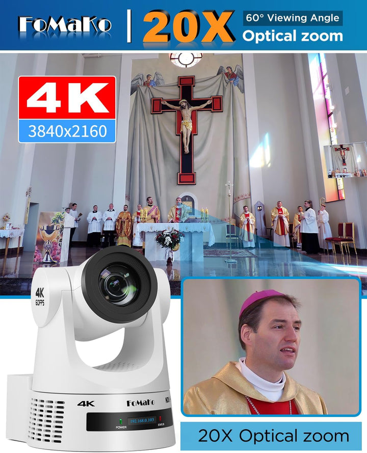 FoMaKo 4K 60FPS NDI HX3 PTZ Kamera, 20x Optischer Zoom, Gen 3 KI Auto-Tracking, 3G-SDI/HDMI/NDI/USB/
