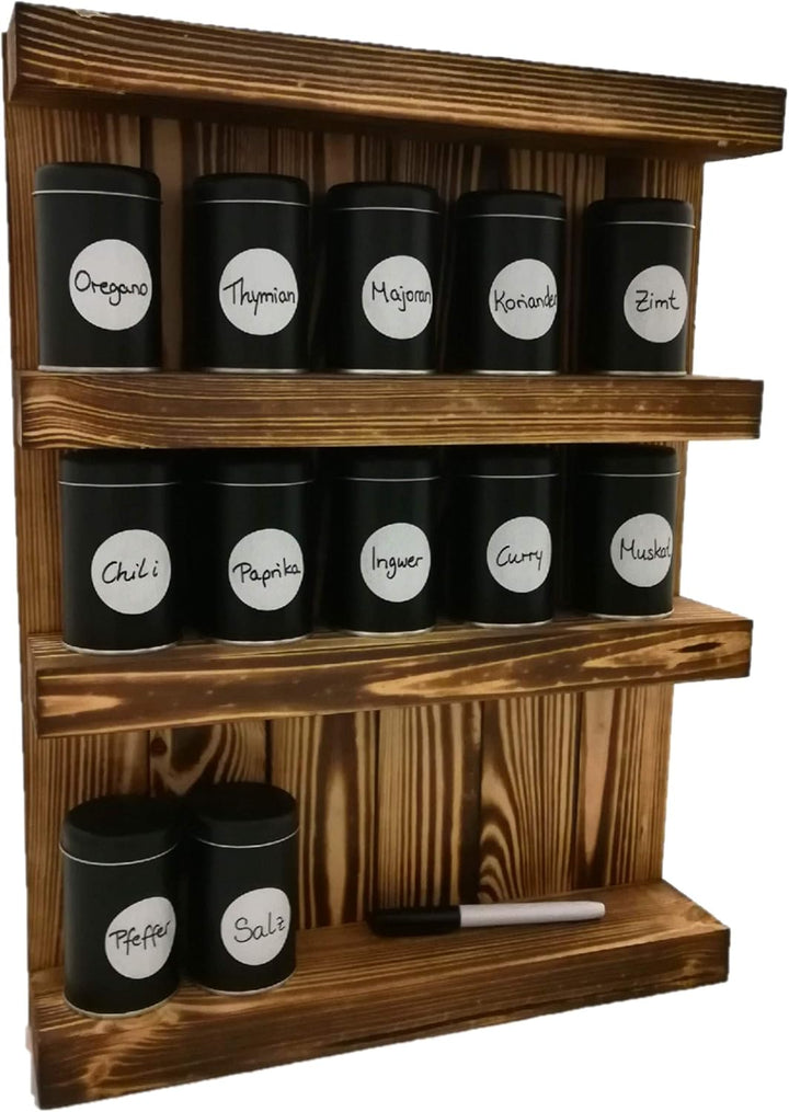 WachSam Gewürzregal geflammt im „Used-Look“ | im Set mit 12 Gewürzdosen Schwarz 175 ml und 3-Fach St