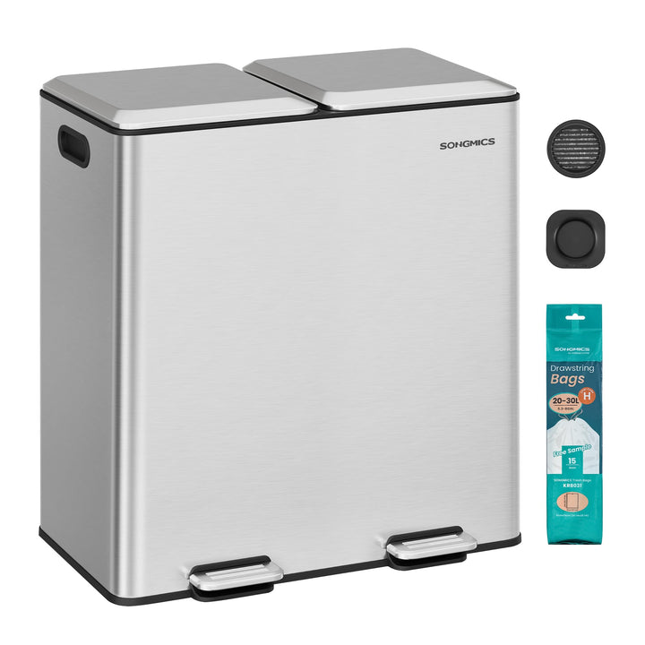 SONGMICS Mülleimer Küche, 2 x 30 L, 2 Fächer, Mülltrennsystem, Softclose, herausnehmbare Inneneimer,