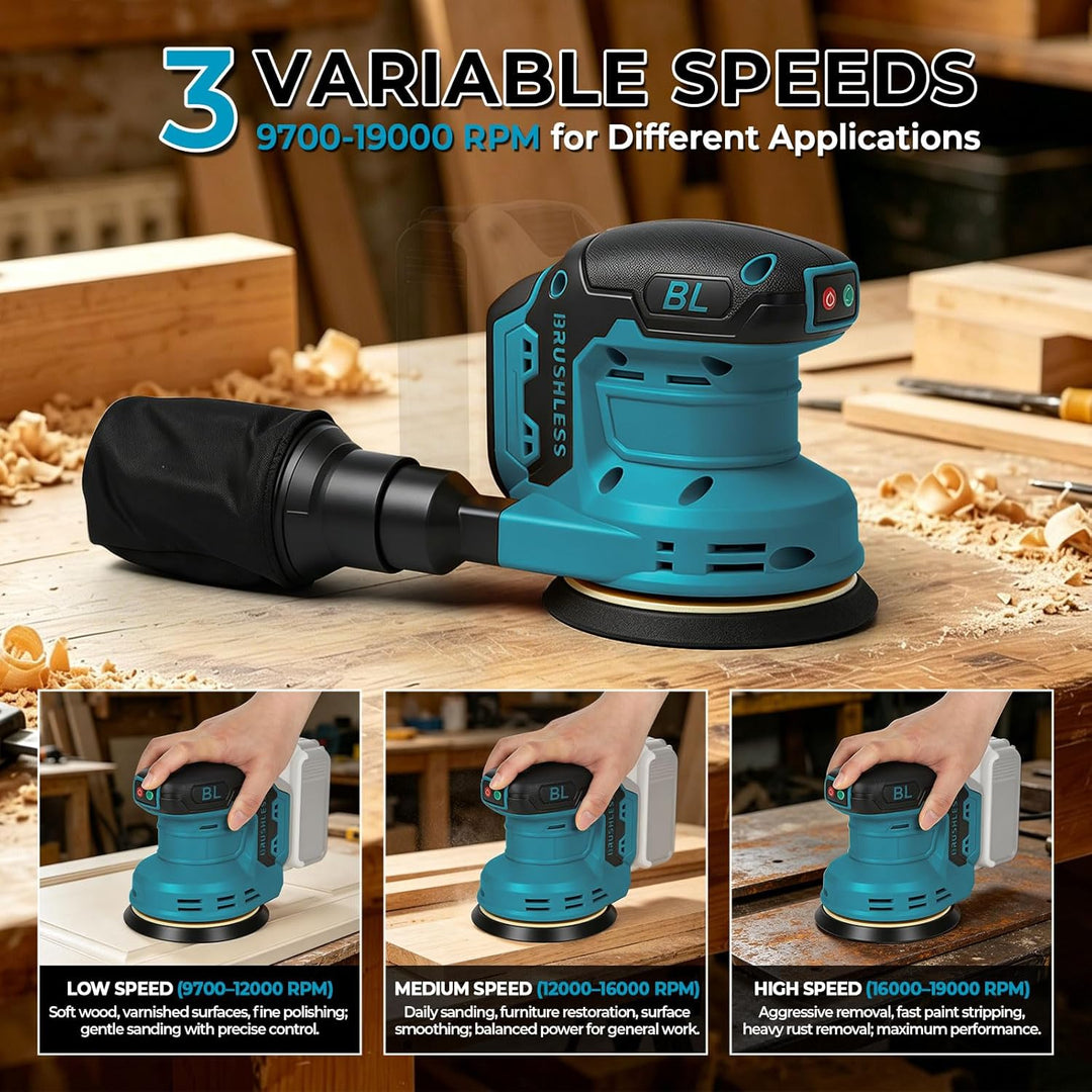 Akku-Exzenterschleifer kompatibel mit Makita, 125 mm, bürstenlos | 9700–19000 U/min – inkl. 25 Schle