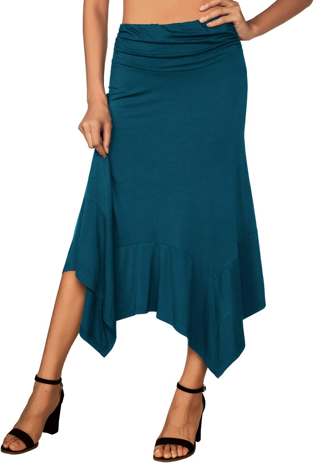 DJT Damen Elegant Elastisch Taille Rock A-Linie Faltenrock Midi Rock mit Taschentuch Saum L Blaugrün