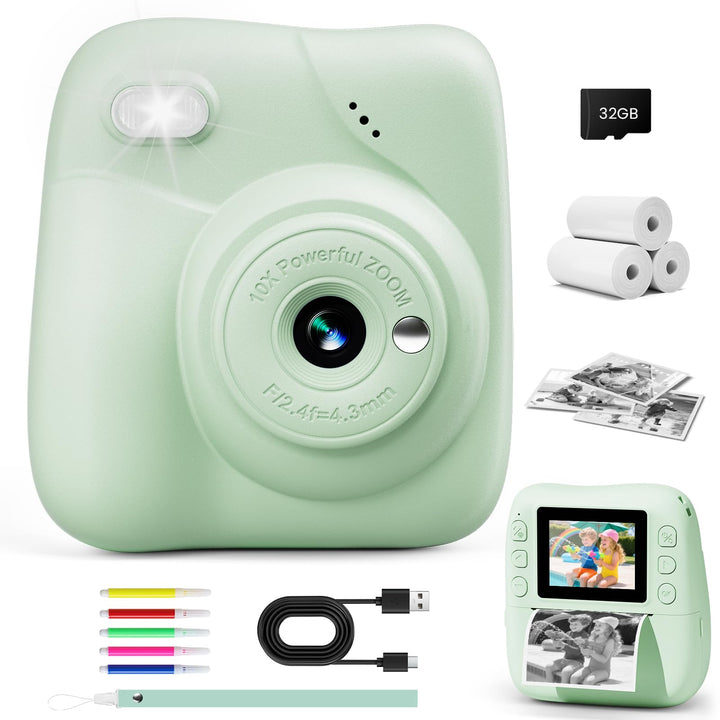 CAMCLID Kinderkamera Sofortbildkamera, 1080P Sofortbildkamera Kinder mit 32GB Karte & 3 Rollen Druck