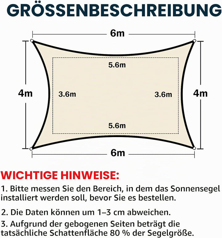 Sonnensegel Sonnenschutz inkl Befestigungsseile PES Polyester Wasserdicht 4 x 6m Rechteck Sonnensege