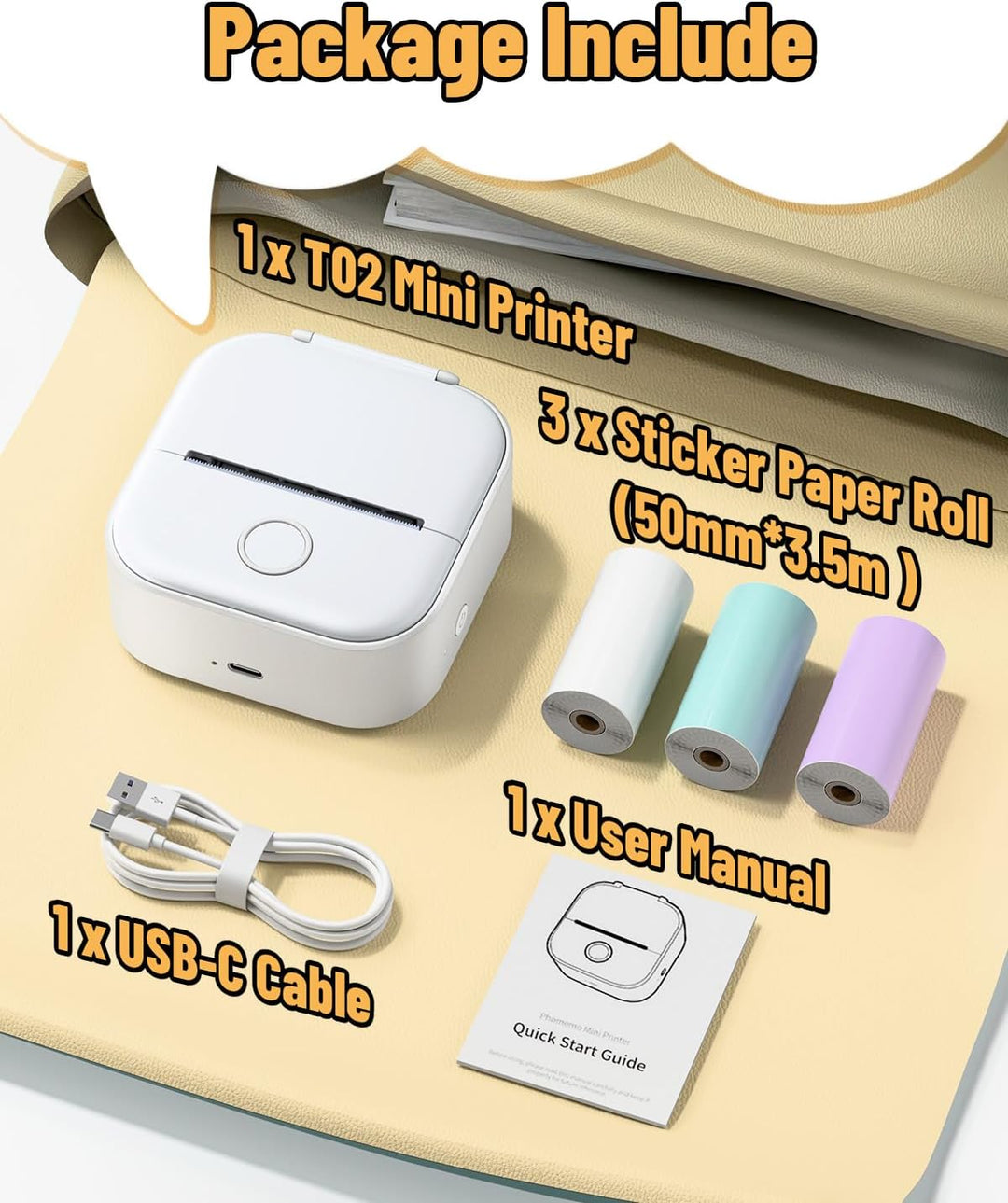 Phomemo Aufkleber Drucker, T02 Mini Thermodrucker für Smartphone, Tragbarer Fotodrucker mit 3 Rollen