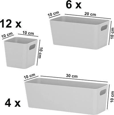 22 Teile Organizer Set - 10 cm hoch - in 3 Grössen - grau - Schubladeneinsatz - passend für Schublad