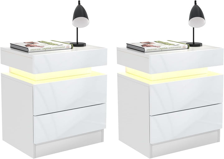 Lvhecforhm Nachtschrank 2er Set Weiss, Hochglanz Nachttisch, Modern Nachttisch 2 Schubladen, Nachtis