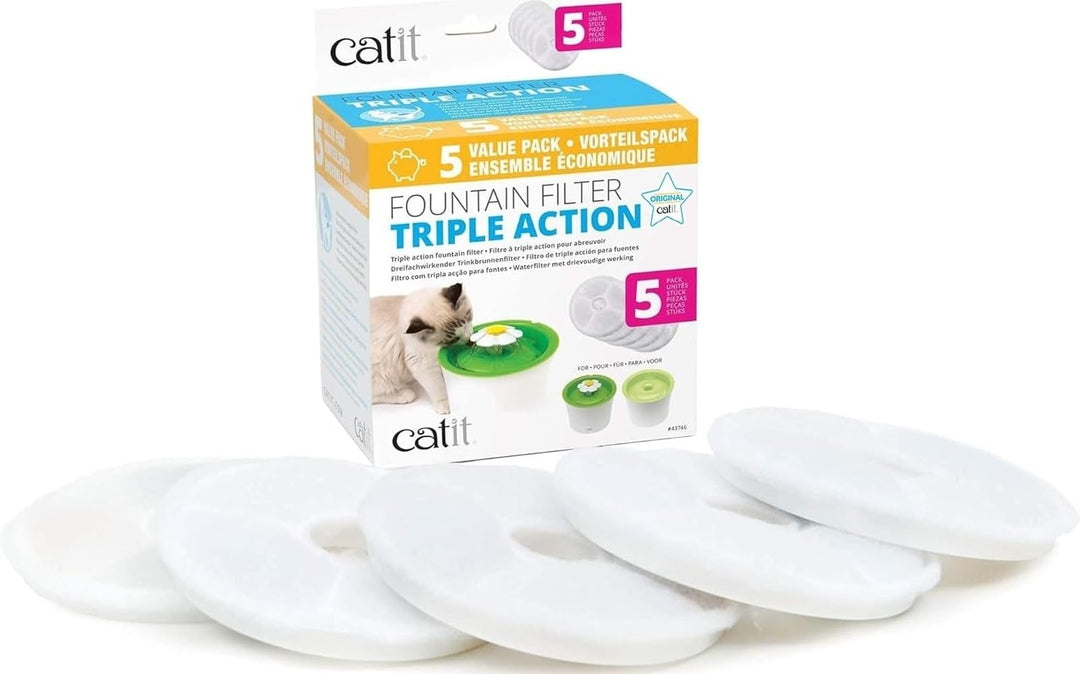 Catit Triple Action Filter, 3fach wirksamer Ersatzfilter, Trinkbrunnenfilter, 5er Pack Old Version,