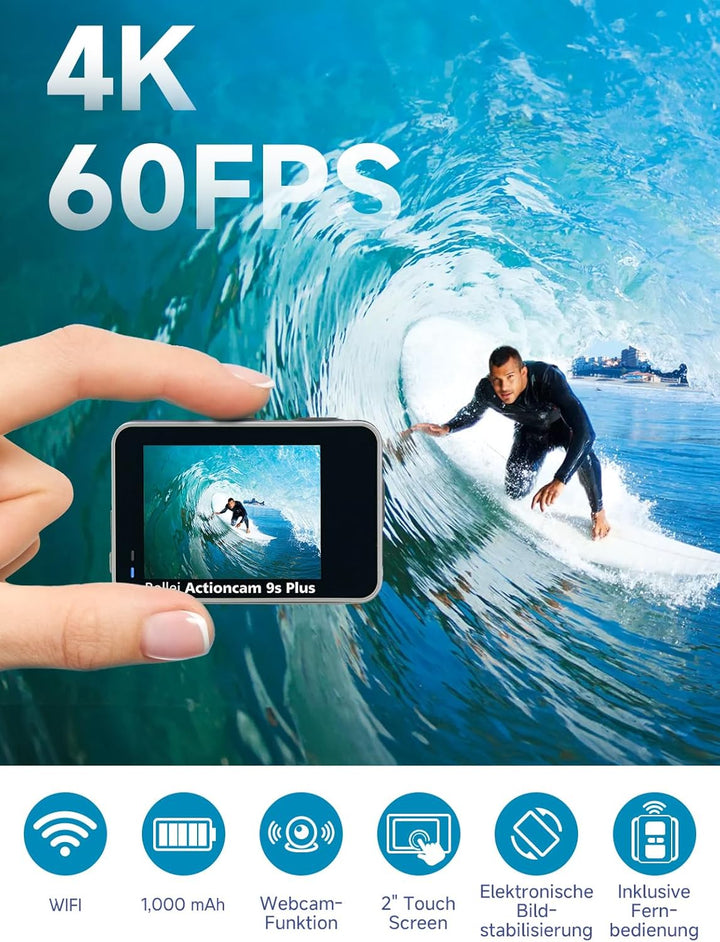Rollei Action-Cam 9s Plus I 4K 60fps Unterwasserkamera mit Selfie-Display, Bildstabilisierung, Zeitr