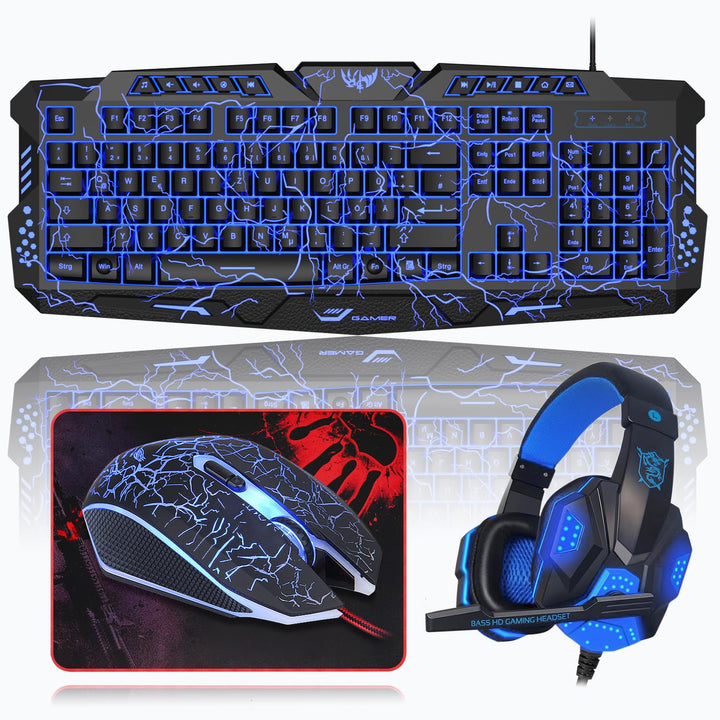 Gaming Tastatur und Maus Set mit Headset, QWERTZ DE Layout, Crack Beleuchtete Tastatur, 4 Farben LED