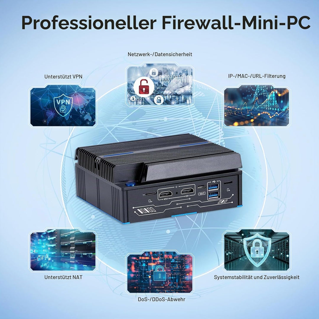 Lüfterloser Firewall-Mini-PC 6 x Intel LAN Ethernet (bis zu 2,5 GbE) Intel CORE 6006U, 8 GB DDR4 128