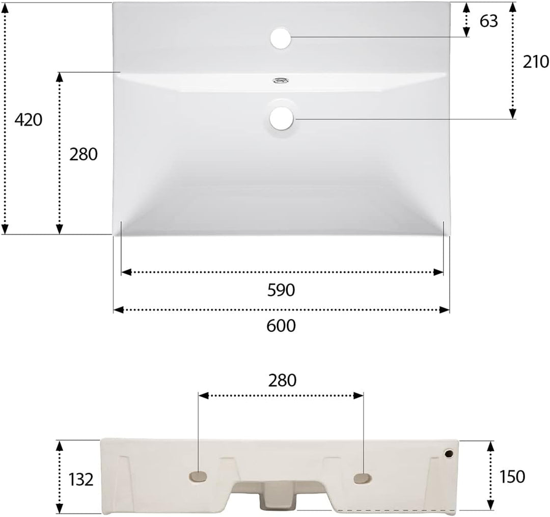 aquaSu® Moderner Waschtisch Malea 60 cm | Design-Waschbecken mit Überlauf und Hahnloch | Hänge-Wasch