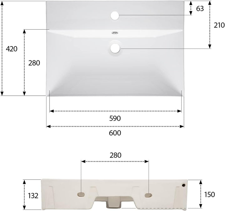 aquaSu® Moderner Waschtisch Malea 60 cm | Design-Waschbecken mit Überlauf und Hahnloch | Hänge-Wasch