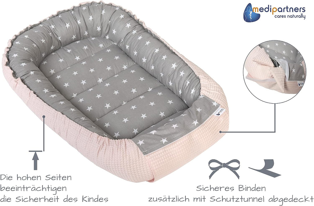 Medi Partners Babynest Kuschelnest Babynestchen 100% Baumwolle Waffle Nestchen Reisebett für Babys S