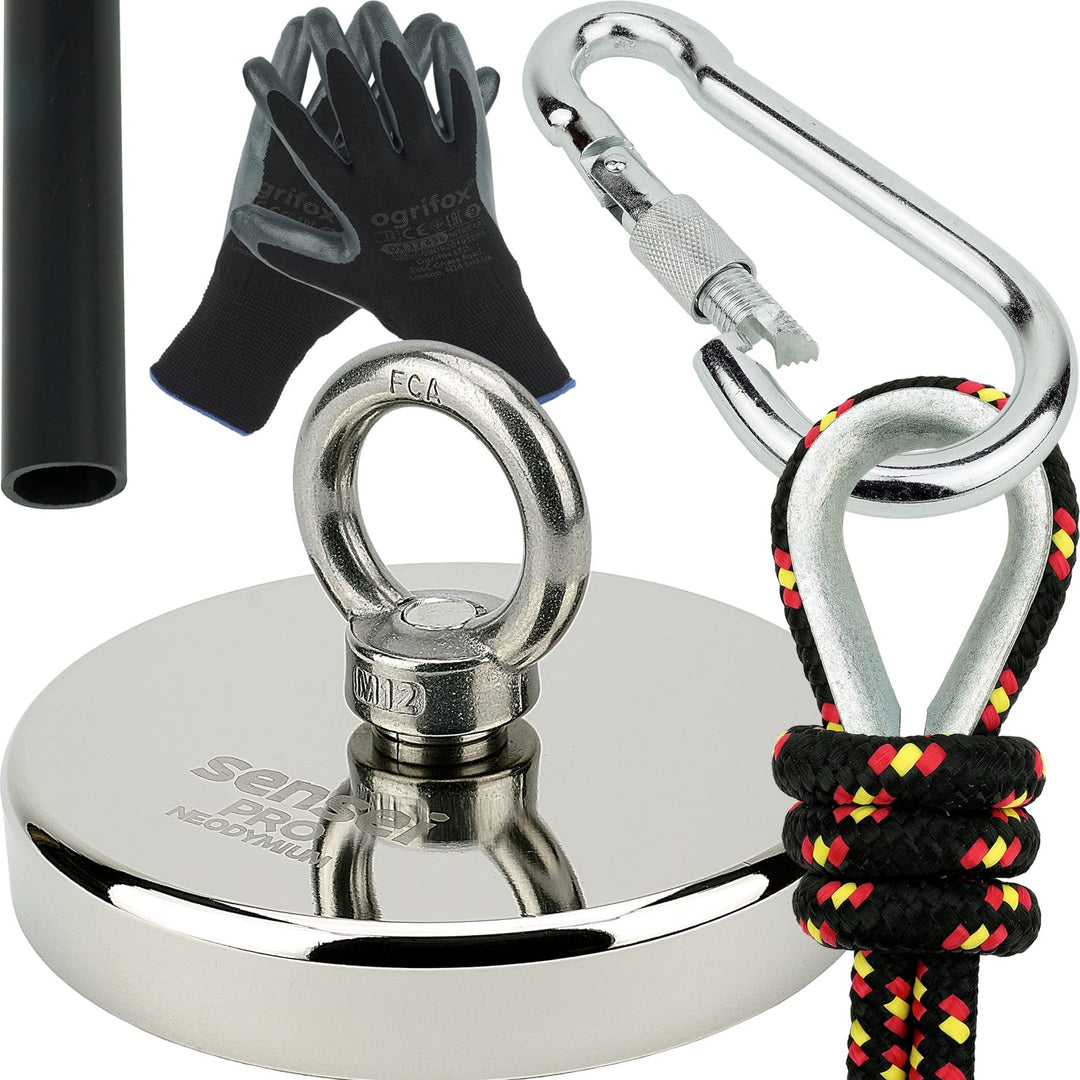 SENSEI Set 600 kg, N52 Neodym-Magnet mit Öse, Ø12 x H2 cm, Segelseil 25 m, Schutzhandschuhe + Zubehö