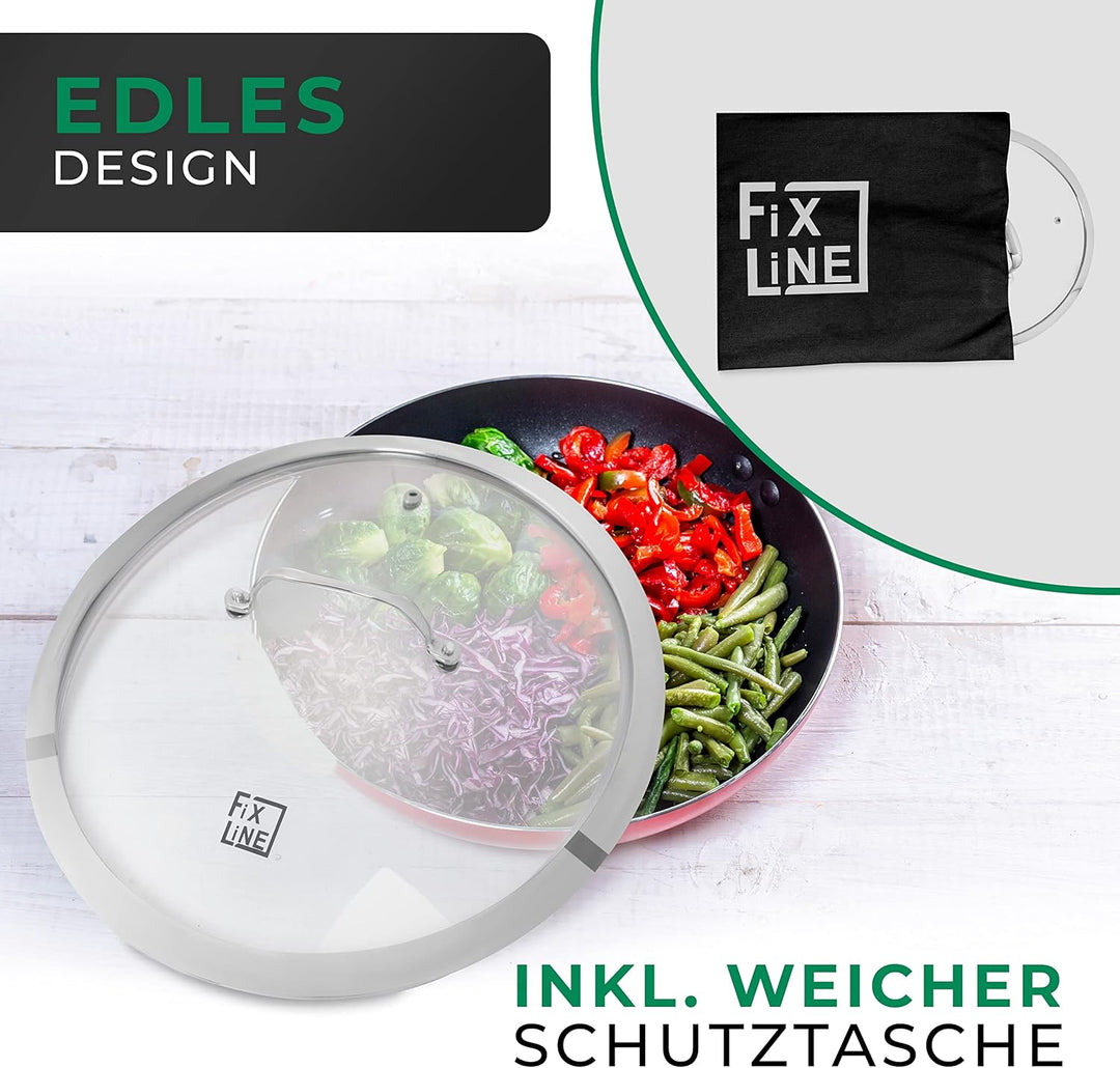 FIXLINE® Glasdeckel 28cm – Universal Topfdeckel aus gehärtetem Glas mit Dampfauslass & Edelstahlrand