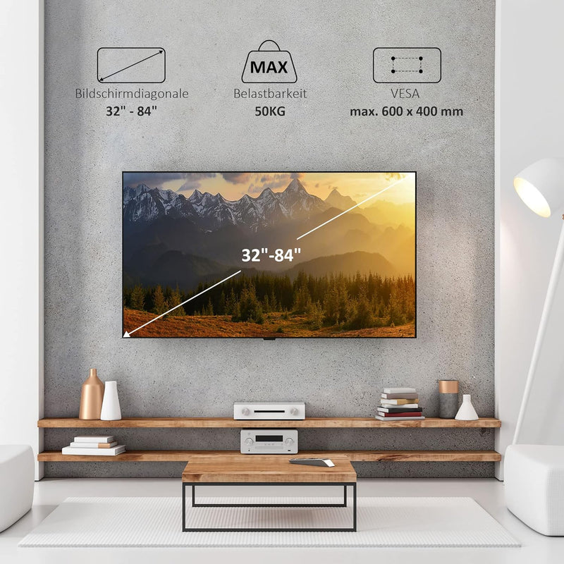 Ribelli® TV Wandhalterung Schwenkbar Neigbar max.VESA 600x400mm für 32 – 84 Zoll, TV Halterung, Flac
