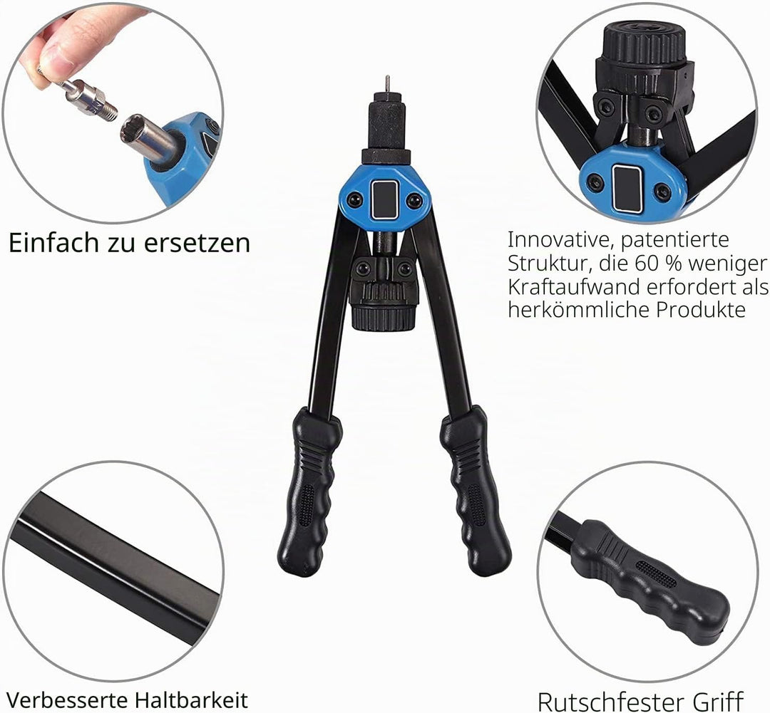 Handnietwerkzeugsatz, 33 cm lange Griffe mit 7 metrischen Dornen und 110 Nietmuttern von M3 bis M12