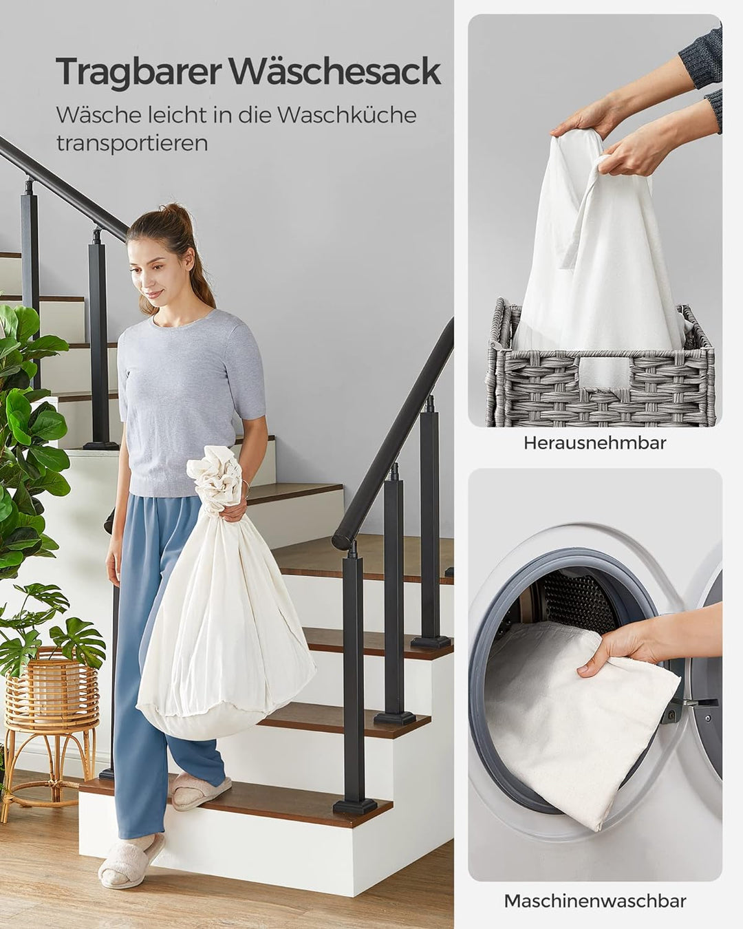 SONGMICS 140L Wäschekorb handgeflochten, Wäschesammler mit Deckel, mit 3 Fächern, faltbar, mit Räder