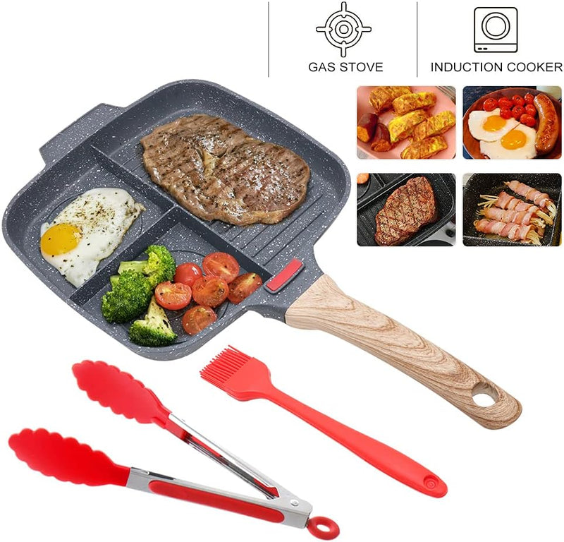 Bobikuke Multi Grillpfanne Induktion, Steakpfanne 3 in 1 Antihaft Beschichtung Geteilte Bratpfanne F