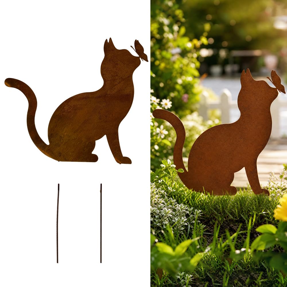 Gartenstecker Rost Katze mit Schmetterling, Gartenstecker Metall, Gartendeko Rost für Draussen, Edel