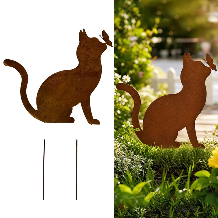 Gartenstecker Rost Katze mit Schmetterling, Gartenstecker Metall, Gartendeko Rost für Draussen, Edel