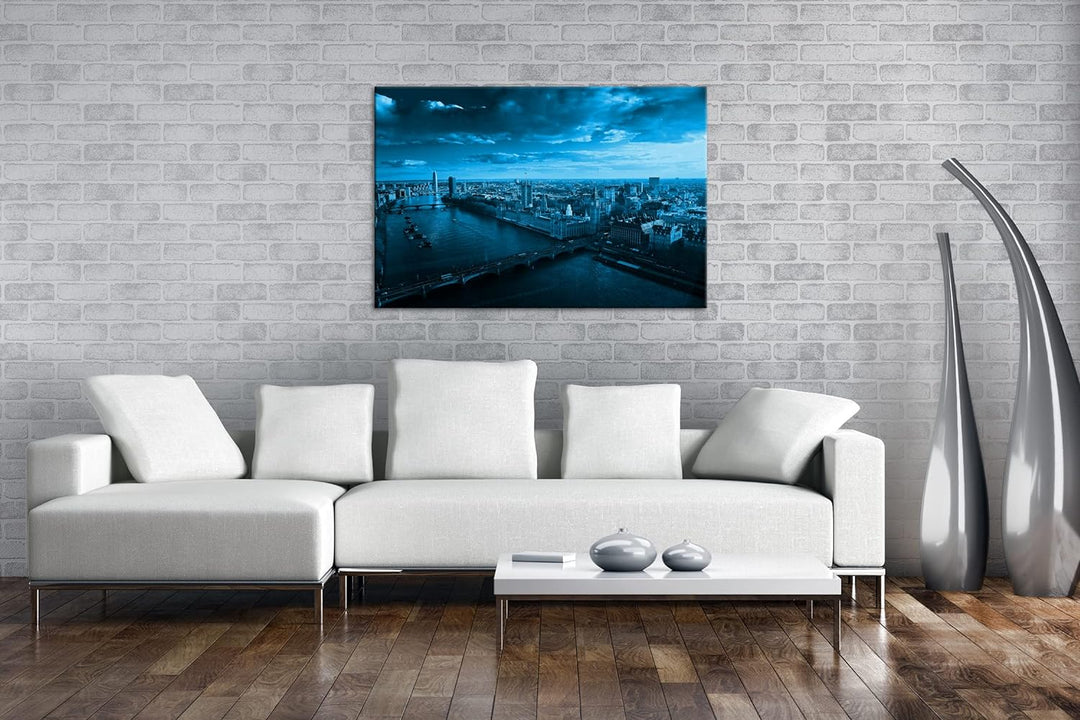 deyoli endlose Themse Fluss in London Format 80x60 Effekt: Monocrome Blau als Leinwandbild, Motiv fe