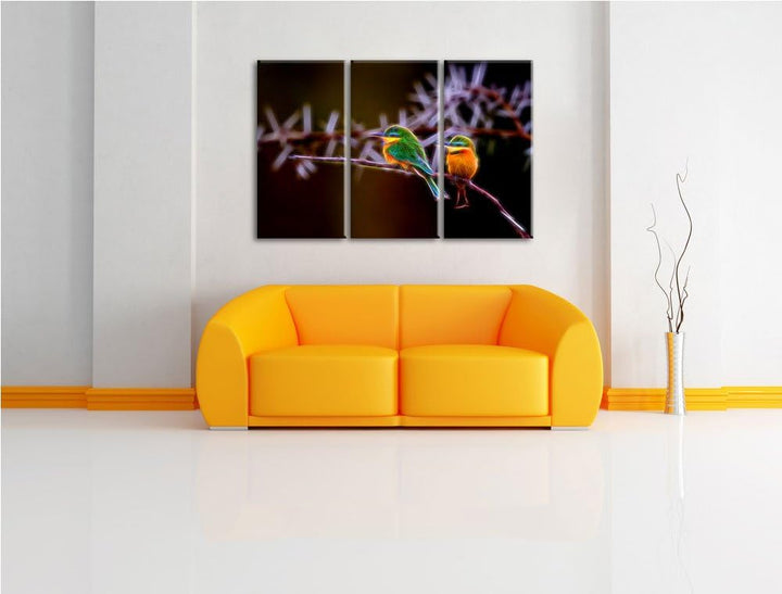 Dark farbenfrohe exotische Vögel auf Ast NewArt 3-Teiler Leinwandbild 120x80 Bild auf Leinwand, XXL