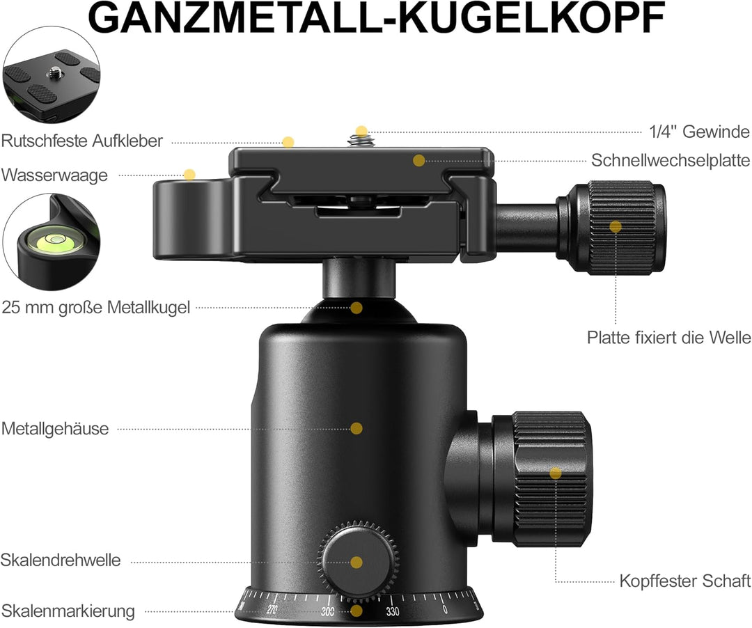 RALENO 1,98 m Kamerastativ, Stativ mit 360° Panorama Kugelkopf, Professionelles Camera Tripod mit 10