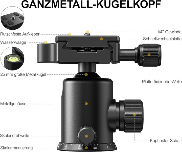 RALENO 1,98 m Kamerastativ, Stativ mit 360° Panorama Kugelkopf, Professionelles Camera Tripod mit 10