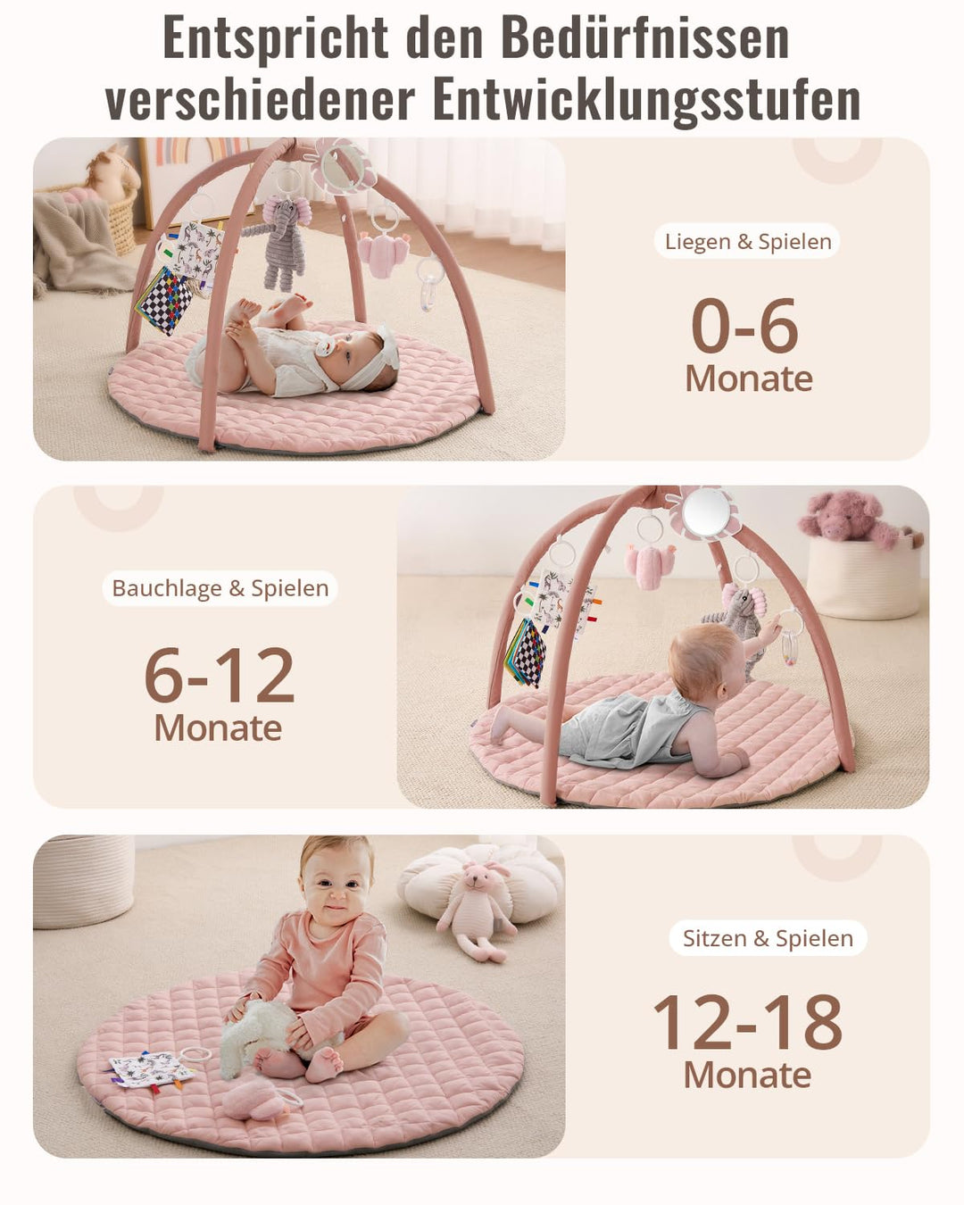 Blissful Diary Spielbogen Baby, Spieldecke Baby Gym Activity Decke mit 6 Abnehmbare Spielzeuge, krab