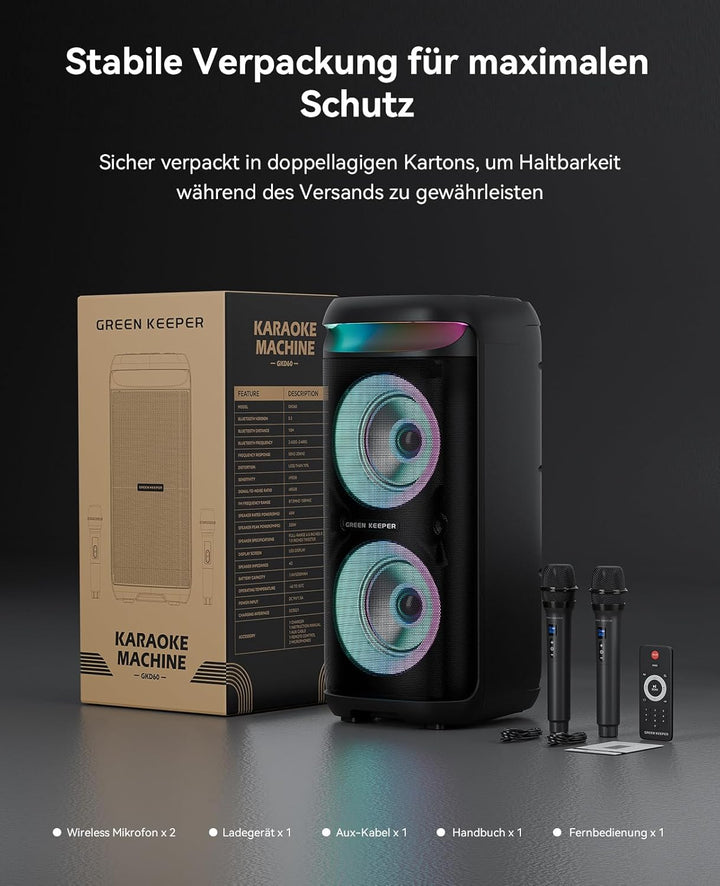GKD60 Karaoke Maschine mit 2 Mikrofonen 4-13 Stunden Akkulaufzeit Karaoke Anlage 500W Spitzenleistun