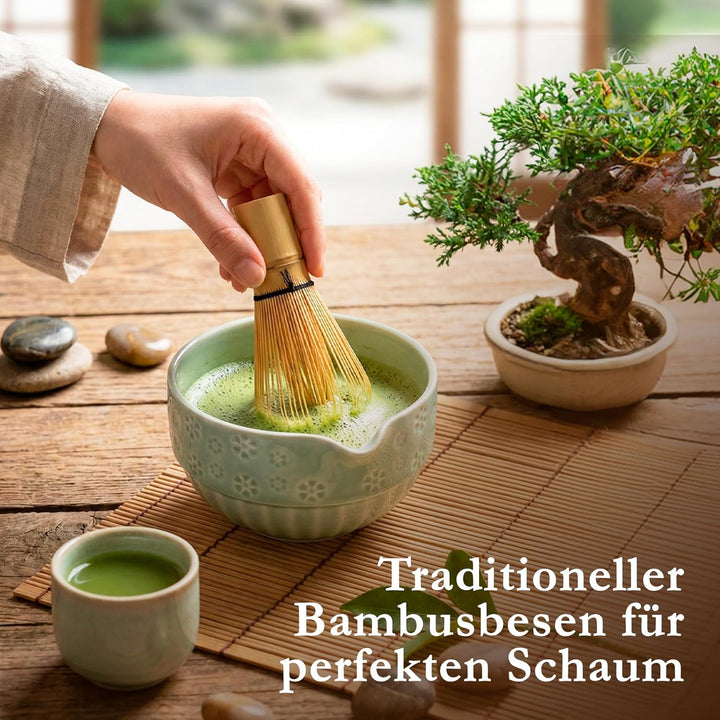 Matcha Set, Keramik Matcha Tee Set Mit Schale, Bambusbesen, Löffel, Sieb, Löffelablage, Besenhalter,