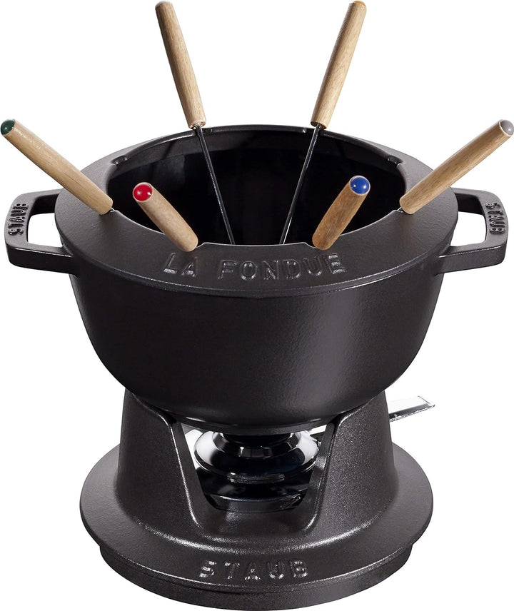 STAUB Fondue Set mit 6 Gabeln, Geeignet für Käse- Schoko- und Fleisch-Fondue, Gusseisen, 20 cm, Schw