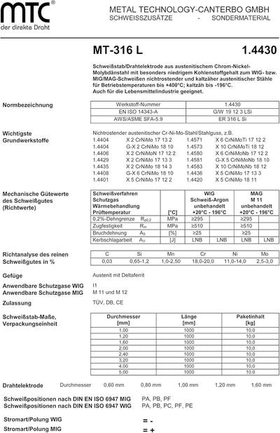 MTC INOX MT-316L 0,8 mm 1 kg Schweissdraht Edelstahl 1.4430 MIG MAG Draht V4A ER 316 VA Schweissen 4