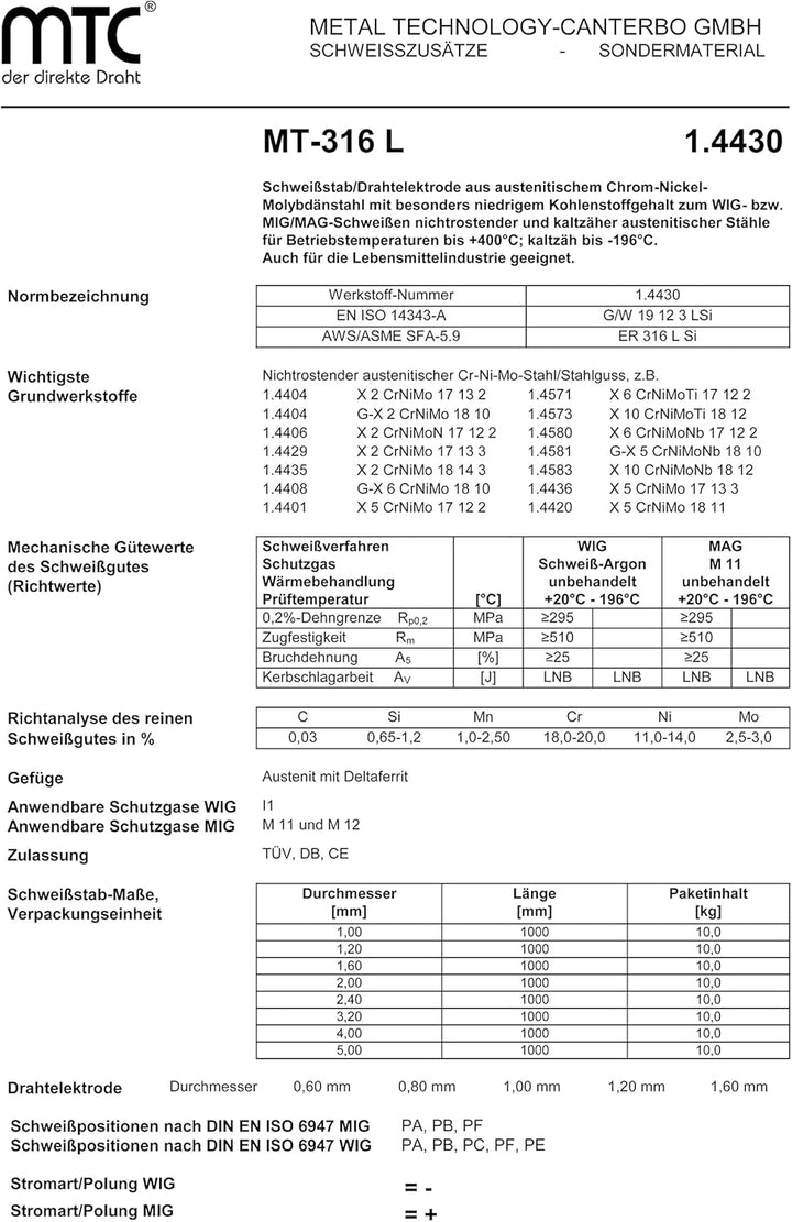 MTC INOX MT-316L 0,8 mm 1 kg Schweissdraht Edelstahl 1.4430 MIG MAG Draht V4A ER 316 VA Schweissen 4