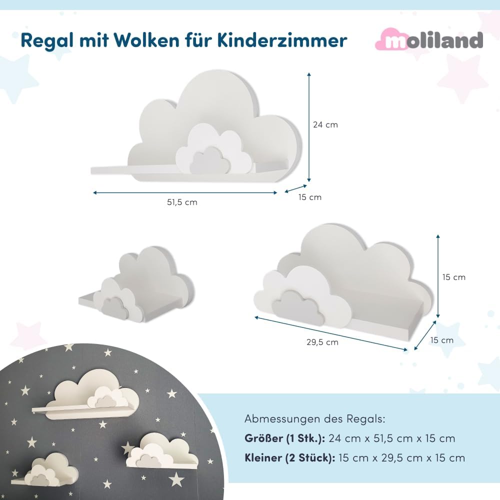 3er Set Wandregal Kinderzimmer Weiss | Babyzimmer Wolkenregal für Bücher, Spielzeug, Dekoration | Re