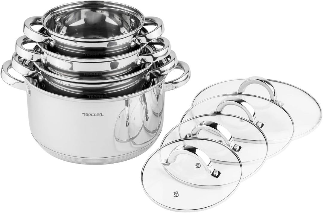 8 Teilig Edelstahl Induktion Topfset Topf Töpfe Kochtopf Glasdeckel Kochtopfset