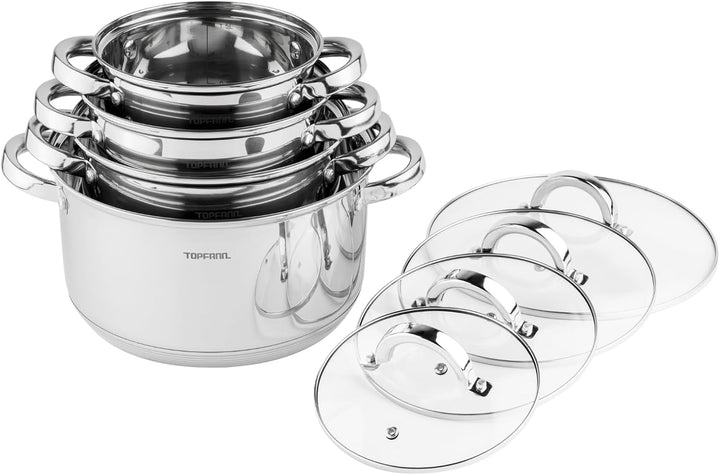 8 Teilig Edelstahl Induktion Topfset Topf Töpfe Kochtopf Glasdeckel Kochtopfset