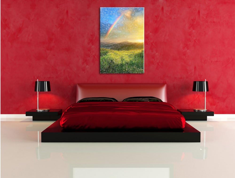 Pixxprint Berge mit Regenbogen am Himmel / 100x70cm Leinwandbild bespannt auf Holzrahmen/Wandbild Ku