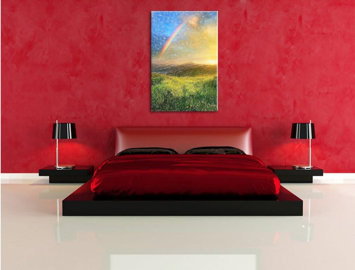 Pixxprint Berge mit Regenbogen am Himmel / 100x70cm Leinwandbild bespannt auf Holzrahmen/Wandbild Ku
