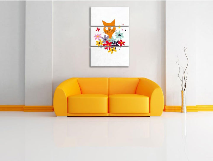 Pixxprint Fröhliche Katze mit Blumen als Leinwandbild/Grösse: 3 Teilig (120x80) cm/Wandbild/Kunstdru