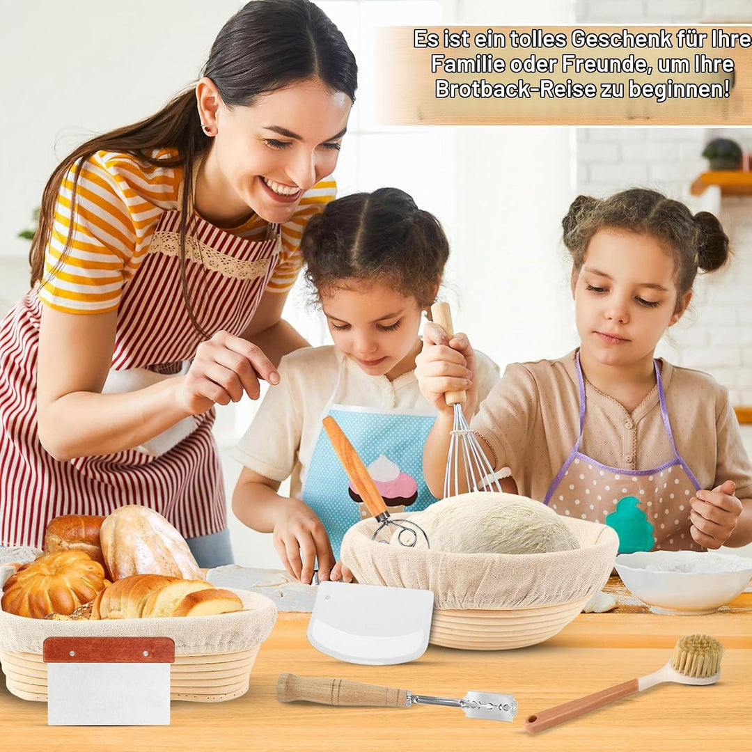 2er Gärkörbchen Set 23cm Rund &amp; 25cm Oval Brotkörbchen – mit Gärtuch, Spatel &amp; Bäckermesser – Brot B