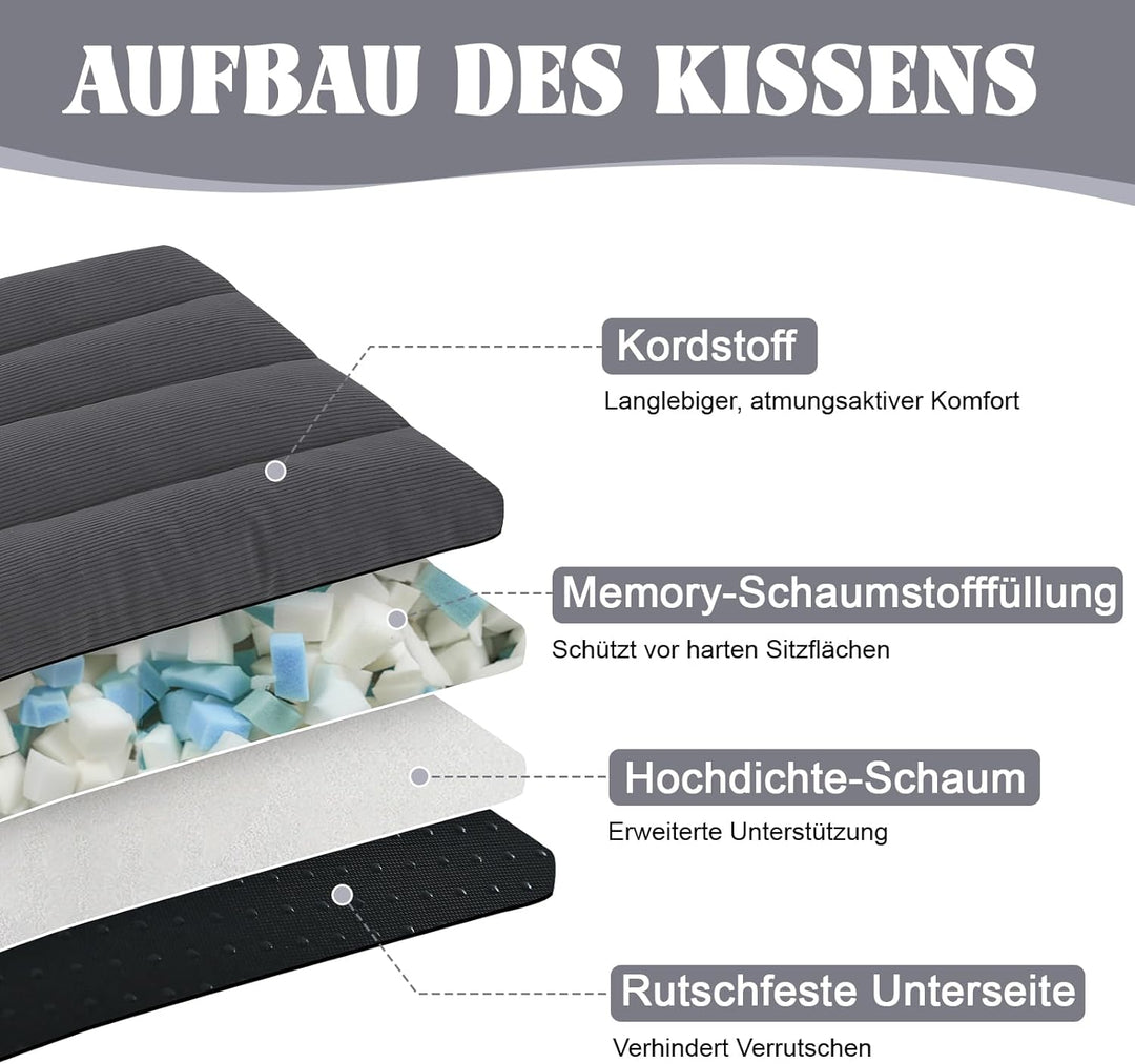 Dicke Sitzkissen 2er Set Cord – Stuhlkissen mit Rutschfester Unterseite & Bindebändern, Stuhlauflage