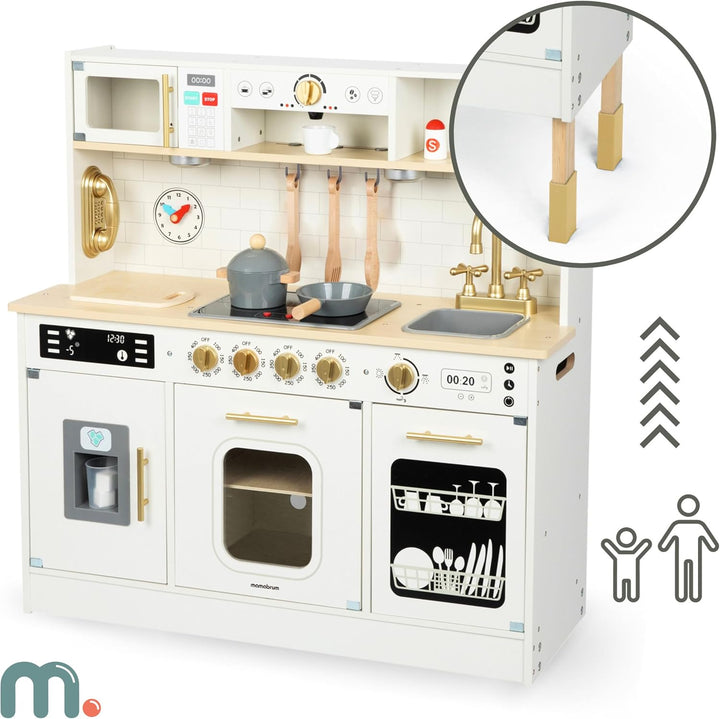 Mamabrum Holz-Kinderküche mit LED-Beleuchtung - Höhenverstellbare Spielküche Set mit Eiswürfelbereit
